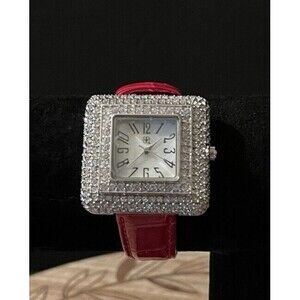 Vtg Suzanne Somers Collection Crystal Rhinestones Red Leather Womens Watch